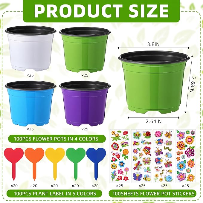 100 Sets Garden Pot Craft Kit, Flower Plant Spring Craft Including Plastic Nursery Plant Pots Labels Tags Stickers for DIY Flower Planting Growing Birthday Arts Kit (Cute)
