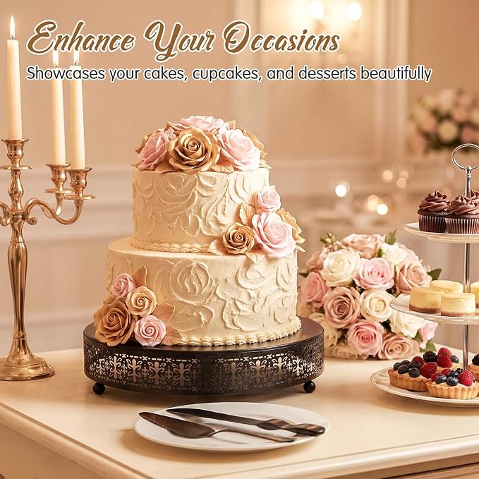 Wenqik Black Cake Stand 12 Inch Metal Round Wedding Cake Stand with Cutting & Spatula Cupcake Dessert Cookies Display Holder Fruit Serving Tray for Wedding Birthday Anniversary Party