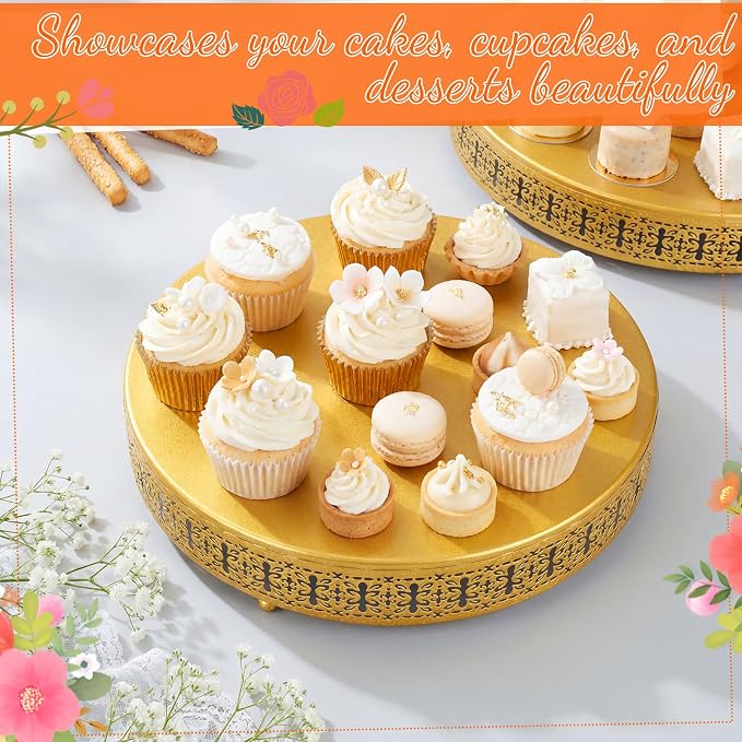 Wenqik 2 Pack Cake Stand Set, 14/16 Inch Metal Round Cupcake Dessert Stand Decorative Elegant Cake Display for Weddings Party Birthday Baby Showers Anniversary(Ornate Floral,Gold)