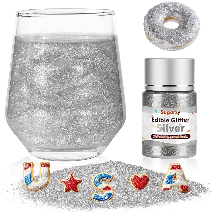 Edible Silver Glitter for Drinks,Food Grade 10g Silver Sprinkles Cake Decorating Supplies,Edible Luster Dust for Cocktail Beverages,Food Coloring Shimmer Powder for Baking,Cake Cupcakes Cookies Drinks Candy Strawberries 4th of July Patriotic Birthday P...