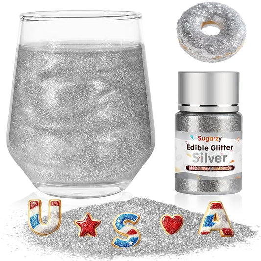 Edible Silver Glitter for Drinks,Food Grade 10g Silver Sprinkles Cake Decorating Supplies,Edible Luster Dust for Cocktail Beverages,Food Coloring Shimmer Powder for Baking,Cake Cupcakes Cookies Drinks Candy Strawberries 4th of July Patriotic Birthday P...