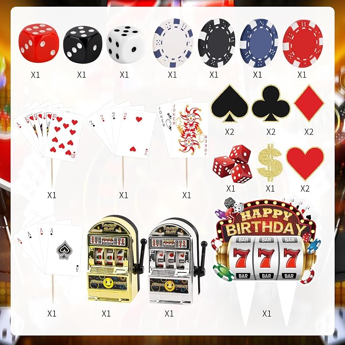 Hooqict 24 Pieces Casino Cake Decorations Set with Mini Toy Slot Machine Poker Casino Cake Toppers & Cupcake Toppers for Las Vegas Casino Night Theme Birthday Party Decorations