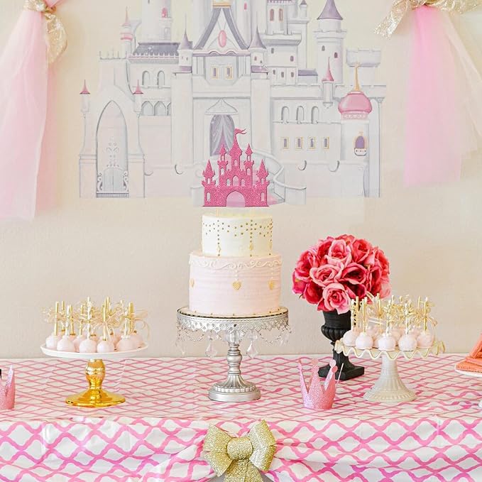 1 PCS Castle Cake Topper Glitter Queen Princess Castle Cake Pick Castle Theme Birthday Party Decoration for Princess Happy Birthday Girls Baby Shower Party Cake Decorations Supplies Pink