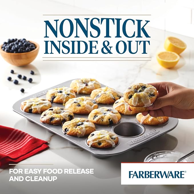 Farberware Bakeware Nonstick Muffin Pan, 12-Cup, Cupcake Baking Pan, Gray