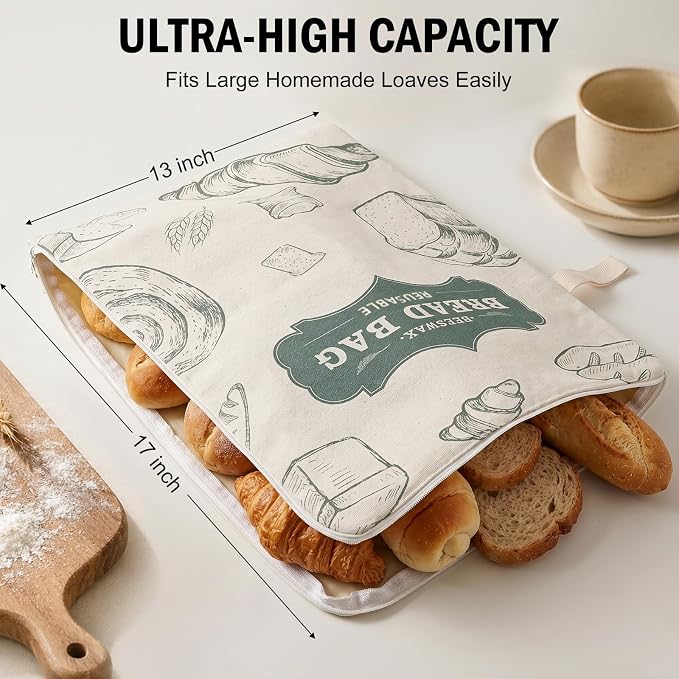 Reusable Beeswax Bread Bags for Homemade, 2 Pack 13" x 17" Bread Storage Bags with Natural Beeswax Lined,Cotton Linen Bread Bags for Sourdough,Large Capacity L-Shaped Zipper Bread Keeper（color-B）