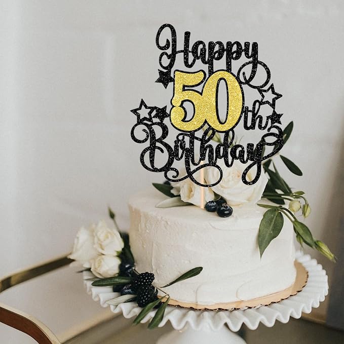 1 PCS Happy 50th Birthday Cake Topper Black Gold Glitter Cheers to 50 Years Birthday Cake Pick Hello 50 Fabulous Cake Decoration for Happy 50th Birthday Anniversary Party Decorations Supplies