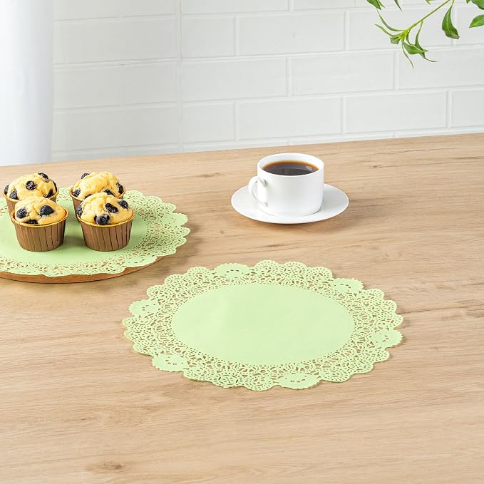 Restaurantware-Pastry Tek 12 x 12 Inch Paper Lace Doilies, 4000 Disposable Table Doilies - Elegant Lace Finish, Long Lasting, Green Paper Placemat, for Pastries, Cupcakes, Desserts