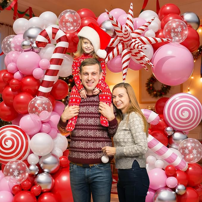 Christmas Balloon Arch Kit, 108 Pcs Xmas Snowflake Balloons, Red Pink Silver White Latex Balloons Candy Cane Foil Balloons for Xmas Baby Shower Winter Birthday Wonderland Christmas Party Decorations