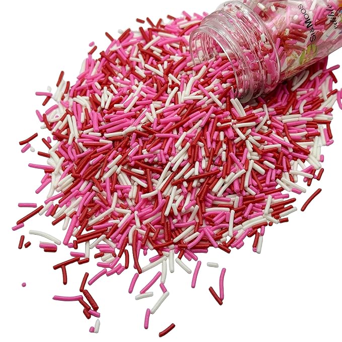 SE Si&Moos Valentines Jimmy Sprinkles Red Pink and White Jimmies Sprinkles for Cake Decorating Edible Valentines Cake Decorations Edible Crunchy Jimmies for Topping Ice Cream, Cookies, Cupcakes, Dessert Decorating 3 OZ