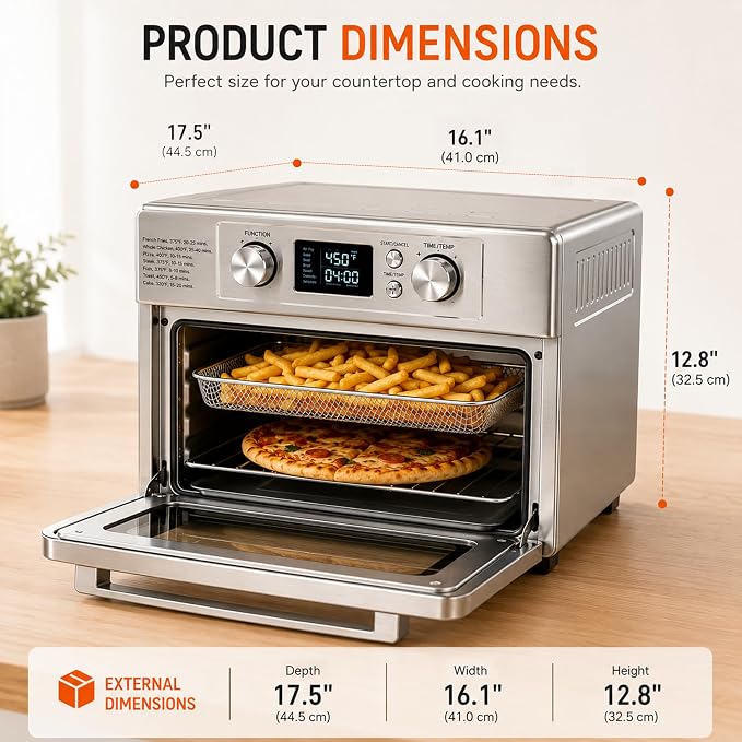 Simple Deluxe 23QT Countertop Toaster Oven, 1800W Multifunctional Electric Oven with 60min Timer and 450°F Max Temp, Equipped with Fry Basket, Baking Pan & Rack, Perfect for Toast, Bake, Broil, Pizza