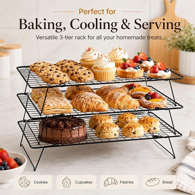 Cooling Rack, 3 Tier Stackable Cooling Racks for Cooking Baking Roasting, Multi-Level Collapsible Cookie Rack for Cakes, Oven Safe & Easy Clean (Black, 3-Tier)