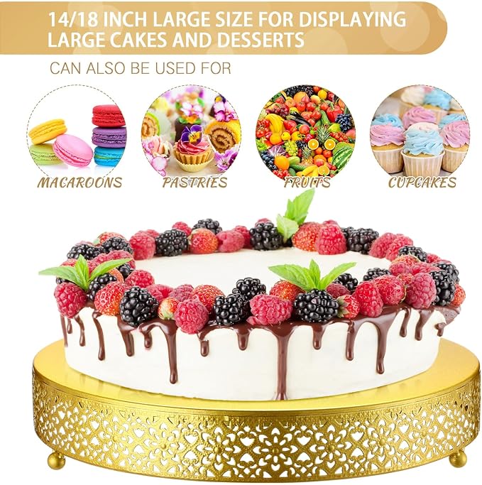 Wenqik Cake Stand 14 Inch Round Metal Cupcake Dessert Wedding Cake Stand Cookies Display Holder Fruit Serving Tray for Table Wedding Birthday Anniversary Party (Gold)