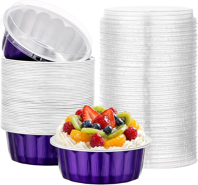 Beasea 8 oz Disposable Ramekins with Lids, 50 Pack Aluminum Foil Baking Cups with Lids, Creme Brulee Muffin Cupcake Mini Pudding Foil Ramekin for Party Wedding Birthday - Violet Purple