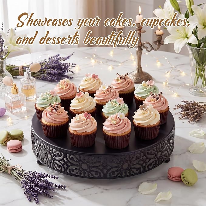 Wenqik 14 Inch Cake Stand Round Metal Cupcake Dessert Wedding Cake Stand Cookies Display Holder Fruit Food Serving Tray for Table Wedding Birthday Anniversary Party Decor (Black)