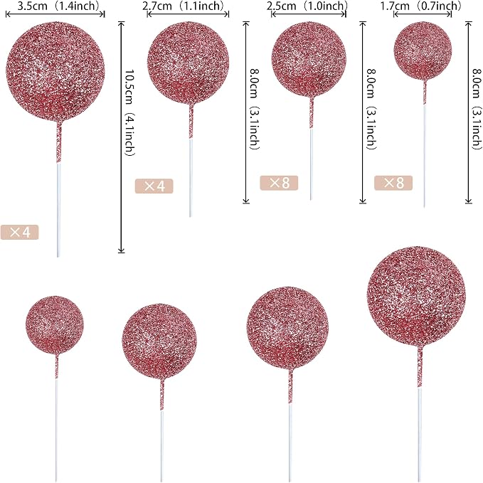 24 PCS Glitter Balls Cupcake Toppers Foam Ball Cake Picks Mini Balloon DIY Cake Insert Topper Decoration for Baby Shower Wedding Anniversary Kids Birthday Party Decorations Rose Gold