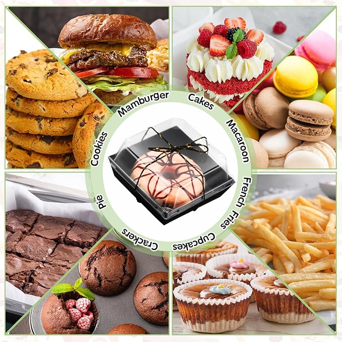 Jetec 50 Pack Charcuterie Boxes with Clear Lids and Rope 4 Inches Cake Disposable Square Dessert Food Box Containers with Lids for Bakery Macaron Cookies Strawberries Fruits Display (Black)