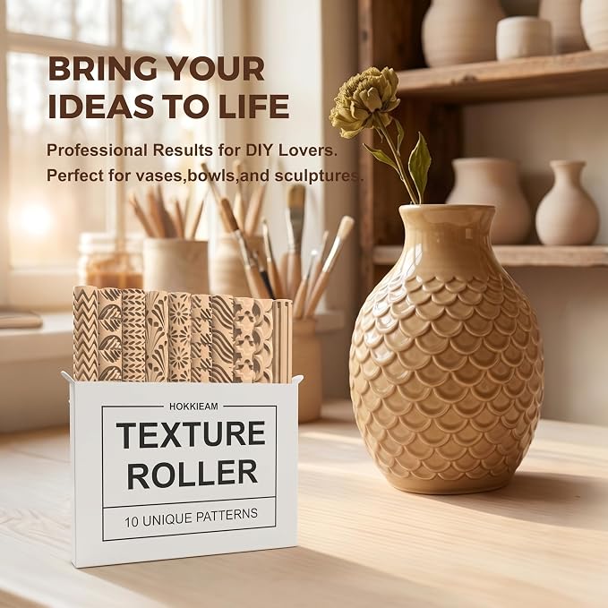 Hokkieam Clay Texture Rollers | 10-Pack Polymer Clay Texture Roller Set for Pottery & Crafting