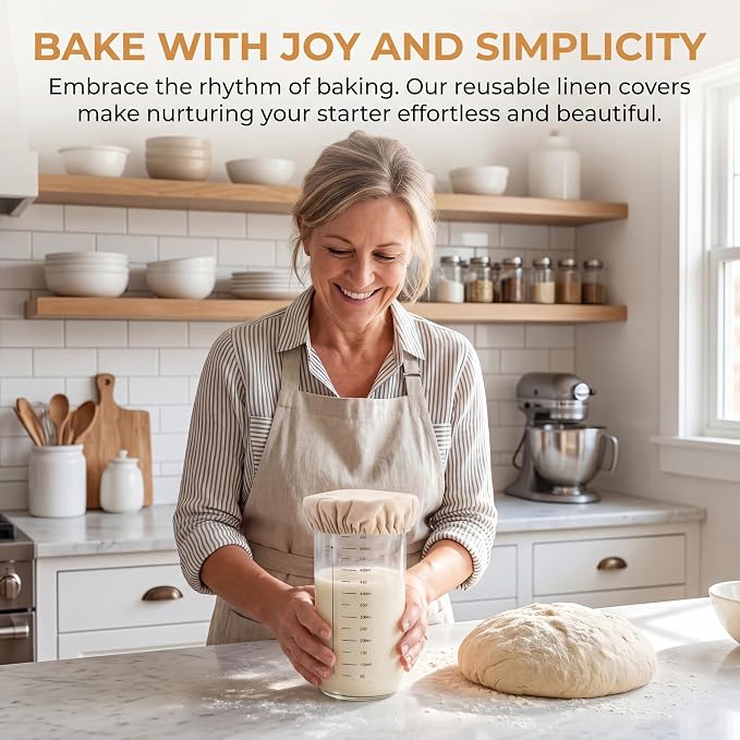 6 Pack Sourdough Starter Jar Covers - Reusable Unbleached Linen Cloth Covers for 3-4 Inch Mason Jars, Breathable Fermentation Covers for Sourdough Bread Proofing