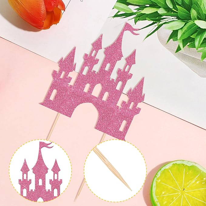 1 PCS Castle Cake Topper Glitter Queen Princess Castle Cake Pick Castle Theme Birthday Party Decoration for Princess Happy Birthday Girls Baby Shower Party Cake Decorations Supplies Pink