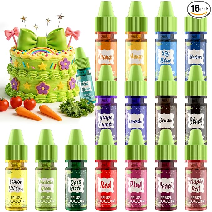 Natural Food Coloring Gel - 16 Colors Plant Based Dye Free Food Coloring, Liquid Natural Food Dye for Baking, Cookies, Easter Egg, Icing, Dessert Decorating, Fondant, Slime-0.25fl oz