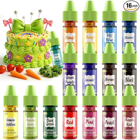 Natural Food Coloring Gel - 16 Colors Plant Based Dye Free Food Coloring, Liquid Natural Food Dye for Baking, Cookies, Easter Egg, Icing, Dessert Decorating, Fondant, Slime-0.25fl oz