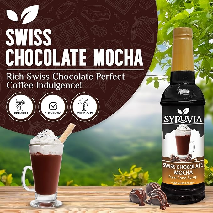 Syruvia Coffee Syrup, Swiss Chocolate Mocha Flavored Syrup for Drinks, Lattes, and Desserts – 25.4 fl oz - with Pump