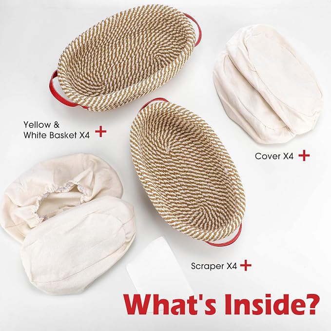 Gejoy 4 Pcs 10 Inch Cotton Rope Banneton Bread Proofing Basket Set Oval Bread Baskets with Liners & Covers Proofing Baskets for Sourdough Baking with 4 Strickle for Home Bakers Wife Mom(Yellow, White)