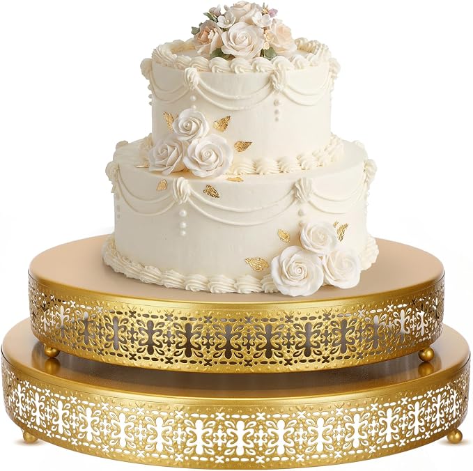 Wenqik 2 Pack Cake Stand Set, 14/16 Inch Metal Round Cupcake Dessert Stand Decorative Elegant Cake Display for Weddings Party Birthday Baby Showers Anniversary(Ornate Floral,Gold)