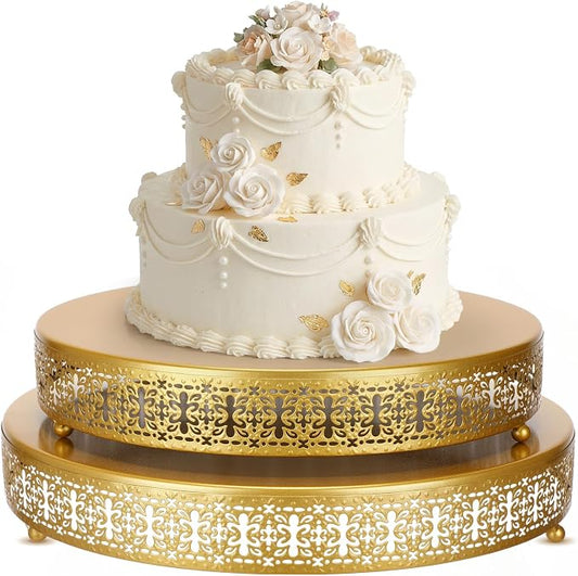 Wenqik 2 Pack Cake Stand Set, 14/16 Inch Metal Round Cupcake Dessert Stand Decorative Elegant Cake Display for Weddings Party Birthday Baby Showers Anniversary(Ornate Floral,Gold)