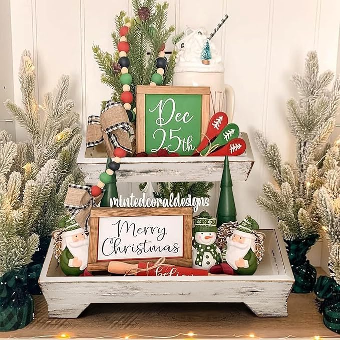 Farmhouse 2 Tiered Tray Stand for Home Decor, Wooden Serving Tiered Tray for Coffee Bar Table Centerpiece, Decorative Trays Kit for Countryside, Round Rustic Stand for Cake Cupcake (Washing White)