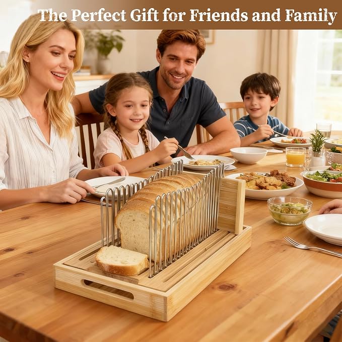 Bamboo Bread Slicer for Homemade Bread with Steel Guides | Adjustable Width, Stainless Steel Slicing Guides, Crumb Tray, For Sourdough Bread, Cakes, Loaves, Bagel