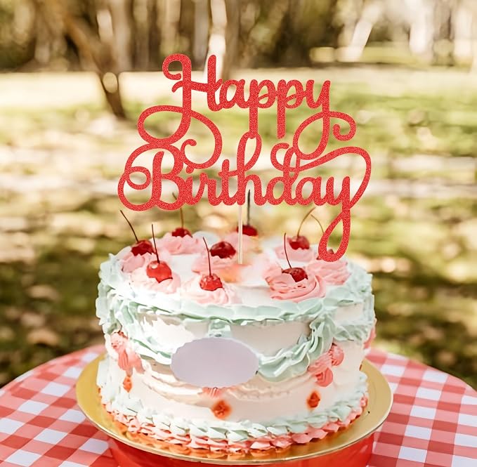 Happy Birthday Cake Topper - Red Glitter Birthday Party Cake Decoration Supplies, Photo Booth Props