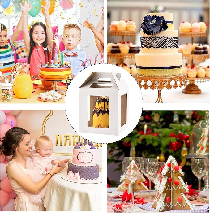 Tall Cake Boxes 6 Windows with handle,12x12x12 Tall Cake Carrier, Tiered Cake Box, Square cake box,largeTake Out Transport Containers Ideal for 10" & 12" Tiered Cakes (3Pack-White)