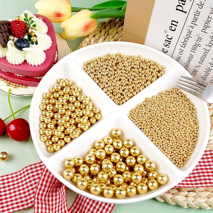 Dazzjoy Edible Gold Pearl Sprinkles, Sugar Pearl, Food Grade, Edible Pearls for Cake Decorating, 150g/5.29oz, Gold Cake Decoration & Cupcake Topper, Patriotic Wedding Party Halloween Supplies