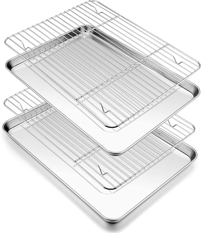 P&P CHEF 12.5 Inch Toaster Oven Pans with Racks, 4 Pieces Stainless Steel Oven Tray Baking Pan Sheet and Cooling Rack for Oven Cooking Roasting, Non Toxic & Dishwasher Safe