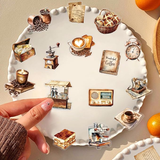 100 Pcs PET Transparent Vintage Coffee Stickers, Waterproof Vinyl Retro Coffee-Themed Decals for Laptop Skateboard Luggage, Watercolor Coffee & Daily Life Stickers Gift for Teens Adults(Retro coffees)