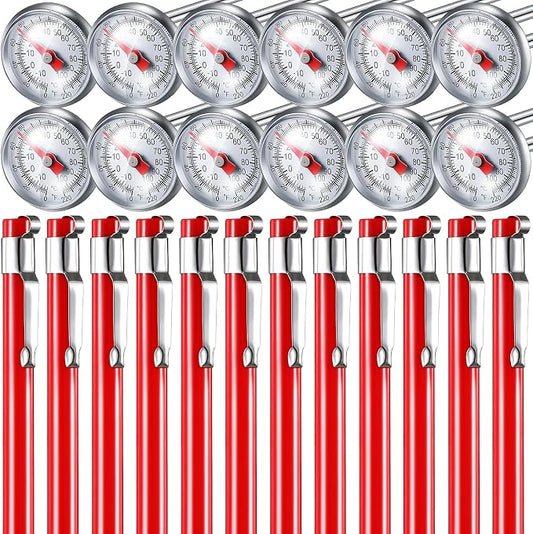 Xuhal 12 Pcs Stainless Steel Kitchen Thermometer with 5 Inch Long Stem 1 Inch Dial Thermometer Milk Frothing Food for Oven Probe Meat Grill BBQ Cooking Chocolate Water (Red)