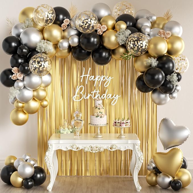 157Pcs Black Gold Silver Balloons Garland Arch Kit with Gold Fringe Curtain for New Year’s Eve Graduation Birthday Black Tie Gala Anniversary Wedding Party Decorations
