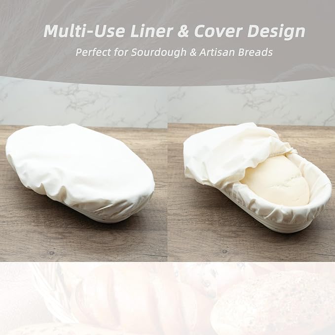 3 Pack Oval Banneton Basket Liners and Covers, Fits 9–12 Inch Oval Bread Proofing Baskets, Reusable Cotton Dough Bowl Cloth Liner for Sourdough Artisan Bread