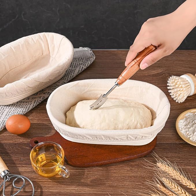 Saint Germain Bakery Oval Banneton Proofing Basket and Bread Lame Set – 10 Inch Rattan Basket with Liner, Razor Blades & Leather Cover – Sourdough Bread Baking Kit Gift for Artisan Bakers