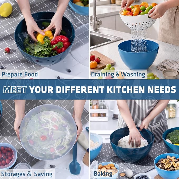 LUXEAR 15 Piece Mixing Bowls with Lids Set, Super Large(6.87-0.21QT) Plastic Nesting Bowls 6 Prep Bowls 6 Lids 1 Colander 2-in-1 Spoon Microwave Dishwasher Safe for Preparing Mixing Serving Storing