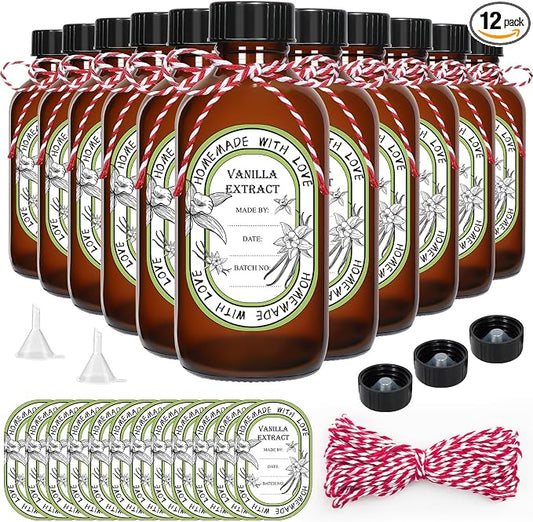 12 Pack 2 oz Vanilla Extract Bottles with Black Poly Cone Caps and 12 Pcs Vanilla Extract Stickers, 60ml Boston Round Sample Bottles for Homemade Vanilla Extract, Essential Oils, Herbal Medicine (2oz)