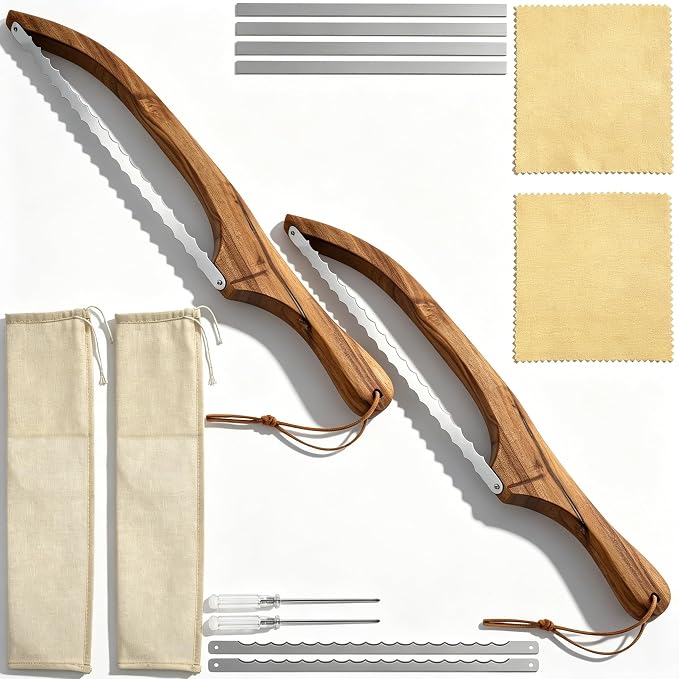 2 Pack Wooden Bread Bow Knife Set,Durable High Carbon Steel Cutting Blade,Multipurpose Slicer for Sourdough, Baguette,Cheese and Fruit,Comes with Screwdriver,Covers & Storage Pouches