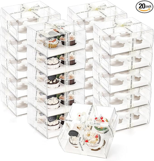 Cedilis 20 Pack Clear Cupcake Boxes with Gift Ribbon, 4 Count Plastic Cupcake Containers, Cupcake Carrier Holder for Treat Dessert Cookies Muffins Pastry Baby Shower Party