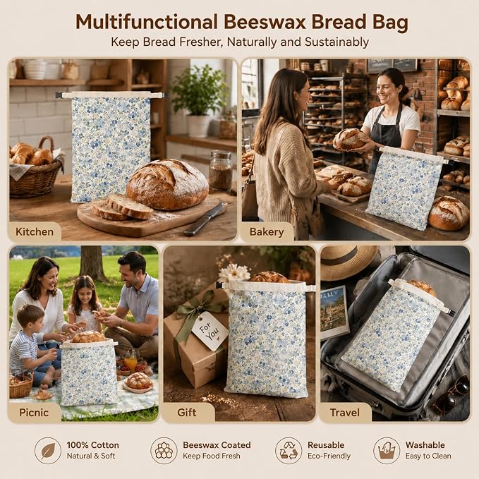 Bread Bags for Homemade, Natural Beeswax Bread Bag 2 Pack XL 13x17 Inch, Reusable Organic Cotton Linen Storage Bags, Beeswax Bread Bags for Sourdough, Keeps Bread Fresh Longer (Little Blue Flower)