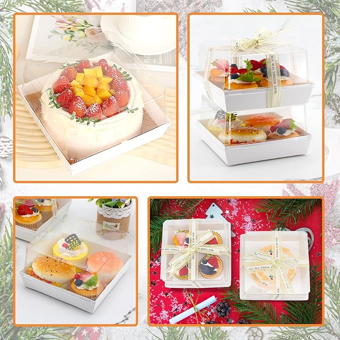 7 x 7 x 4 Inches Paper Charcuterie Boxes with Clear Lids, 25 Pack Large Clear Cake Boxes for 4-6 Inch Cake, Disposable Bakery Boxes Food Containers for Cupcakes,Pie,Cookies, Cocoa Bomb White