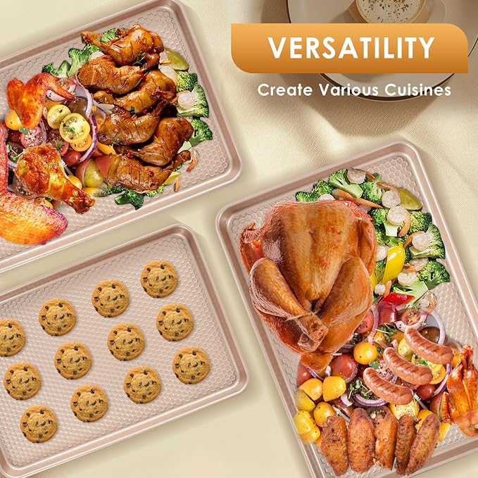 Baking Sheet Pan Set of 3, Nonstick Carbon Steel Cookie Sheets with Texture | Commercial Half/Quarter/Jelly Roll Pans Replacement Toaster Oven Tray, Heavy Duty & Easy Clean, Rose Gold