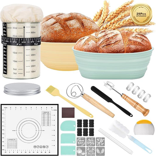 HK Sourdough Starter Kit with 9" Round & 10" Oval Banneton Proofing Basket and 34oz Starter Jar - Beginner-Friendly Sourdough Bread Baking Supplies and Baking Gifts for Women, Men, and Bread Bakers
