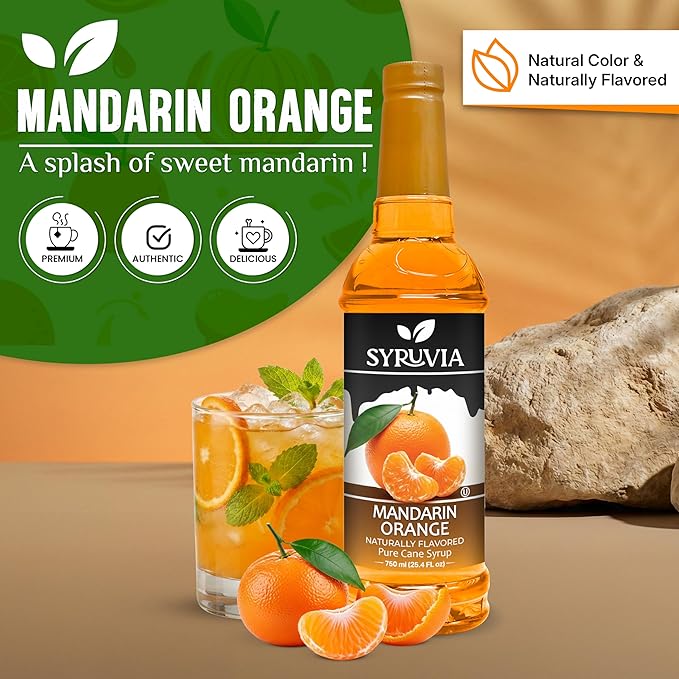 Syruvia Mandarin Orange Syrup, Naturally Flavored Syrup for Drinks, Lemonades, Iced Teas, and Desserts – 25.4 fl oz - with Pump