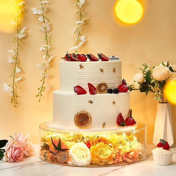 Sintuff 3 Pcs Acrylic Cake Stand with LED Lights 12‘’, 14‘’, 16‘’ Clear Fillable Cake Riser Round 3 Tier Case Box for Wedding Birthday Holiday Party Food Display, 3 Sizes